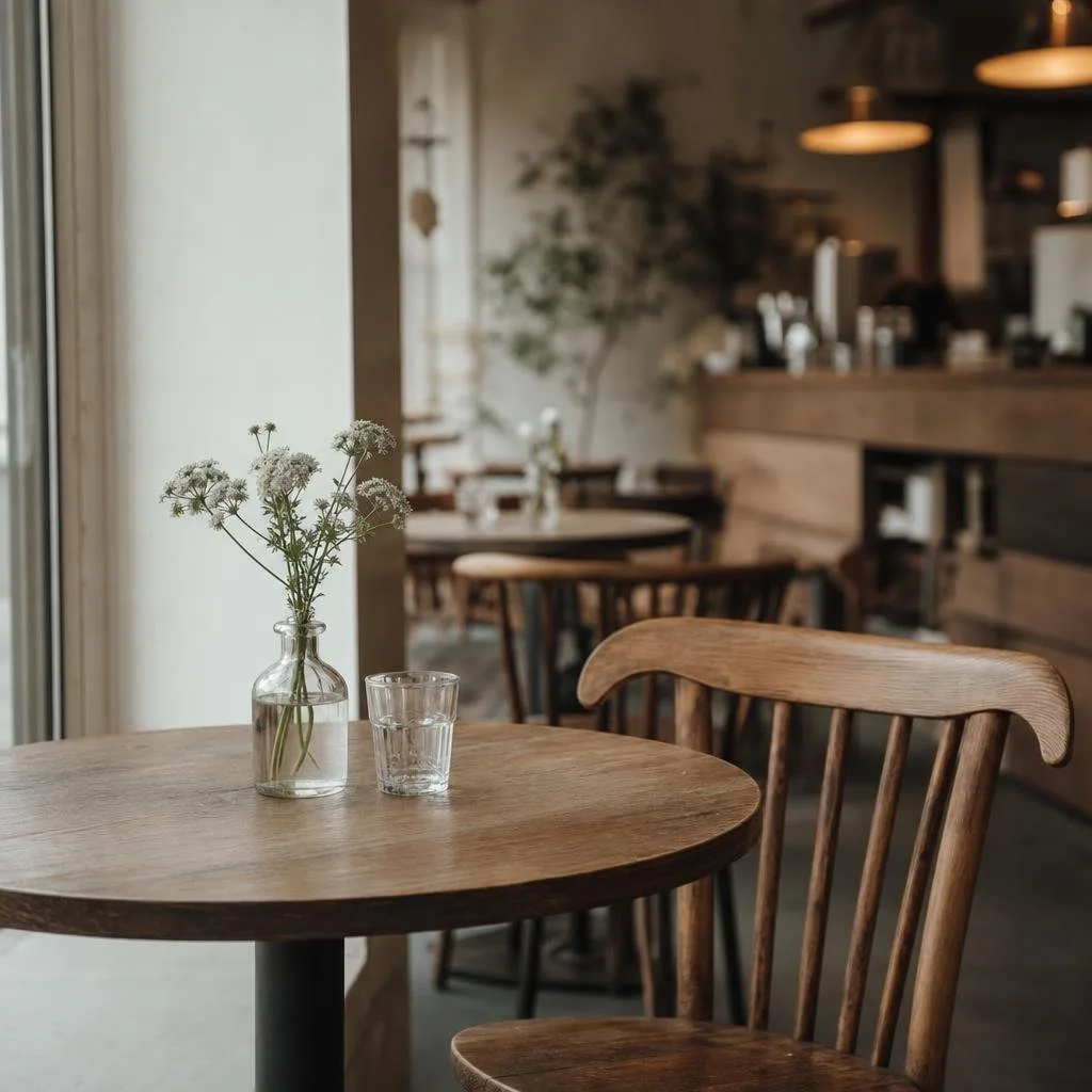 Cafe table by a bright window with coffee and a pastry